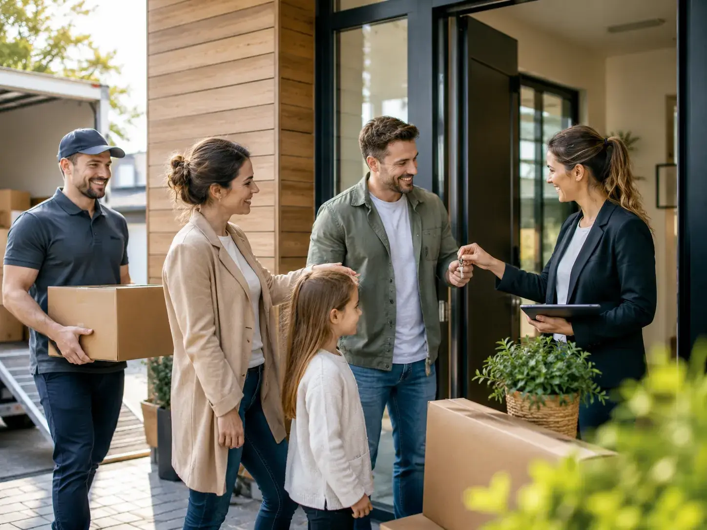 Gezin ontvangt de sleutel van hun nieuwe woning terwijl een verhuispartner helpt met dozen