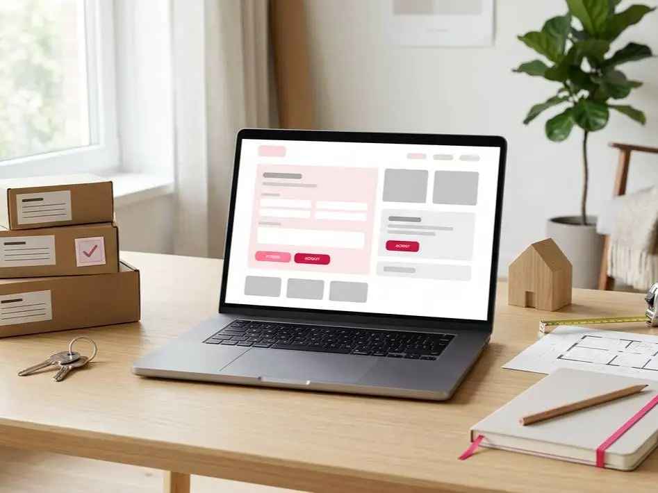 Laptop met een aanmeldinterface op een bureau met verhuisdozen, huissleutels, een plattegrond en materiaalstalen.