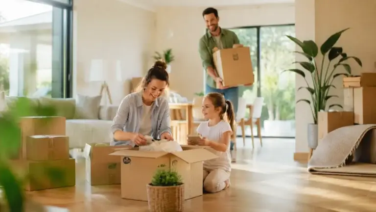 Gezin pakt verhuisdozen uit in een lichte woonkamer van hun nieuwe huis