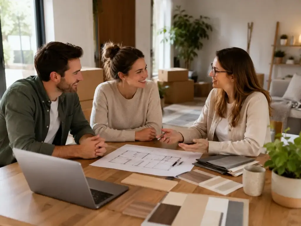 Stel overlegt met een woonexpert over de inrichting en planning van een nieuwe woning