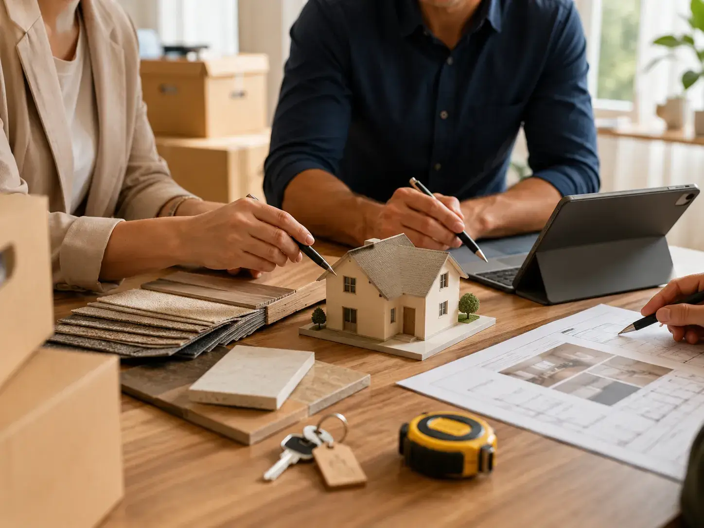 Professionals bekijken samen woningmaterialen, een schaalmodel van een huis en een plattegrond