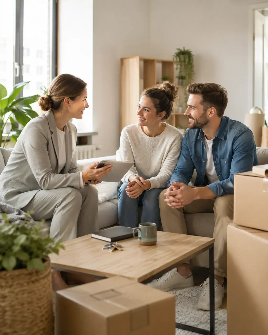 Woonadviseur bespreekt verhuisplannen met een stel in een lichte woonkamer met verhuisdozen