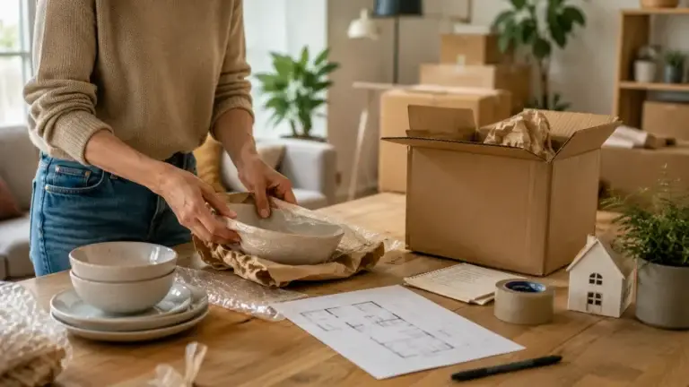 Persoon pakt servies zorgvuldig in tussen verhuisdozen en woonaccessoires