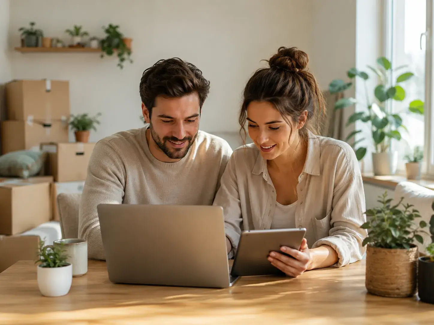 Stel bekijkt online informatie over wonen en verhuizen via een laptop en tablet tussen verhuisdozen