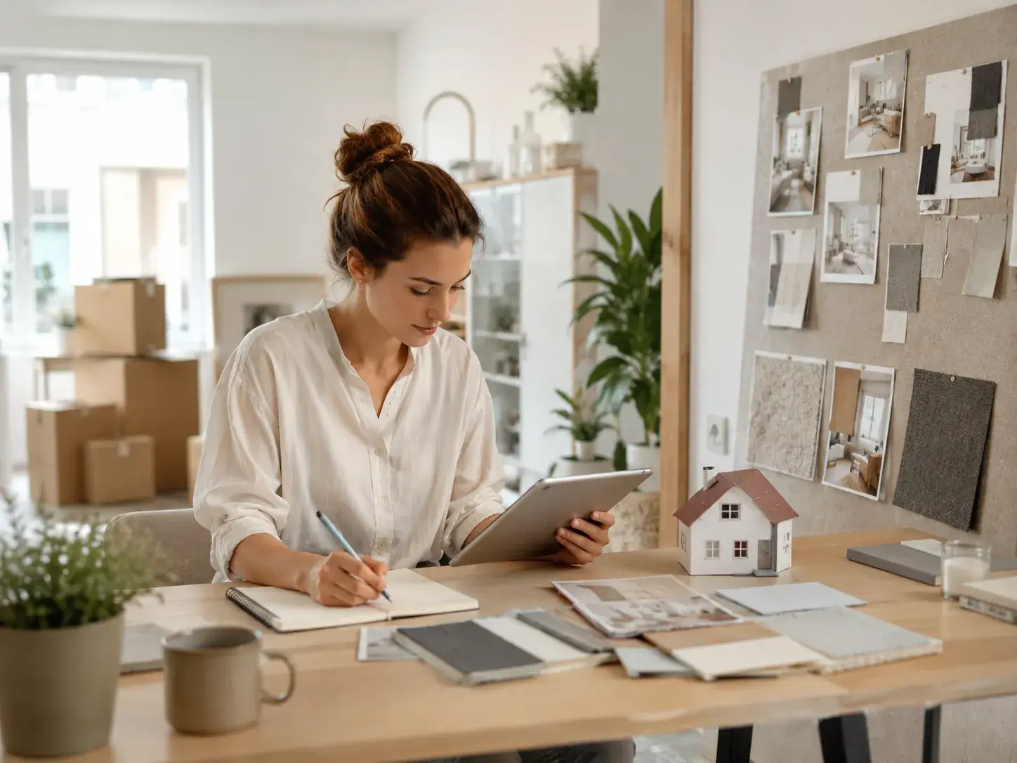 Woonadviseur bespreekt een woningplattegrond en interieurmaterialen met een stel in hun nieuwe huis