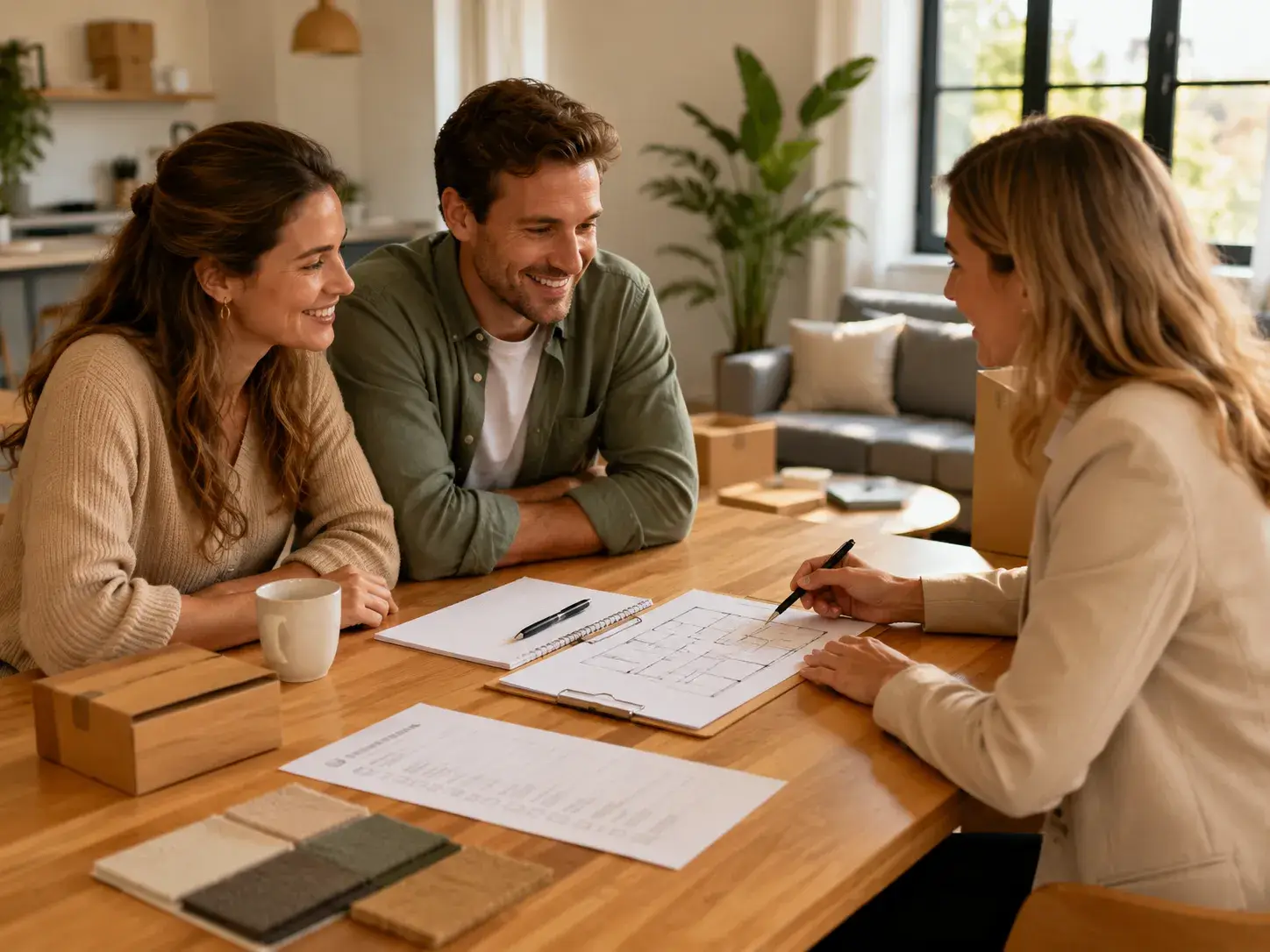 Adviseur bespreekt woon- en verhuisplannen met een stel aan tafel in een modern interieur