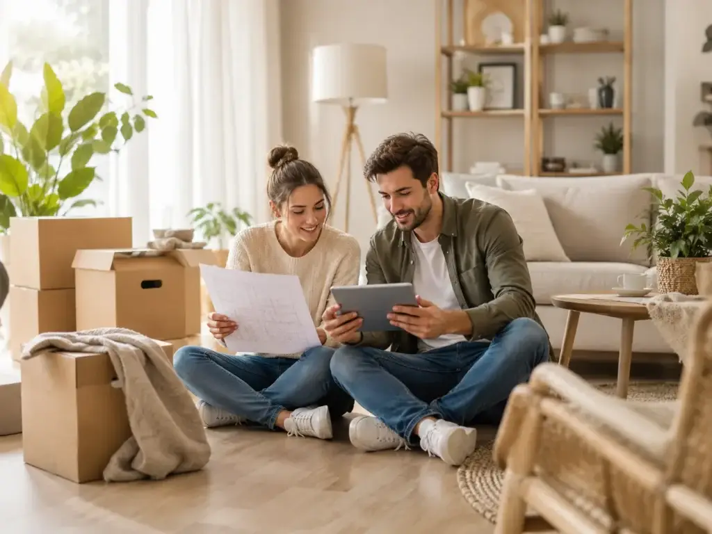 Stel bekijkt een woningplattegrond en praktische verhuisinformatie op een tablet tussen verhuisdozen