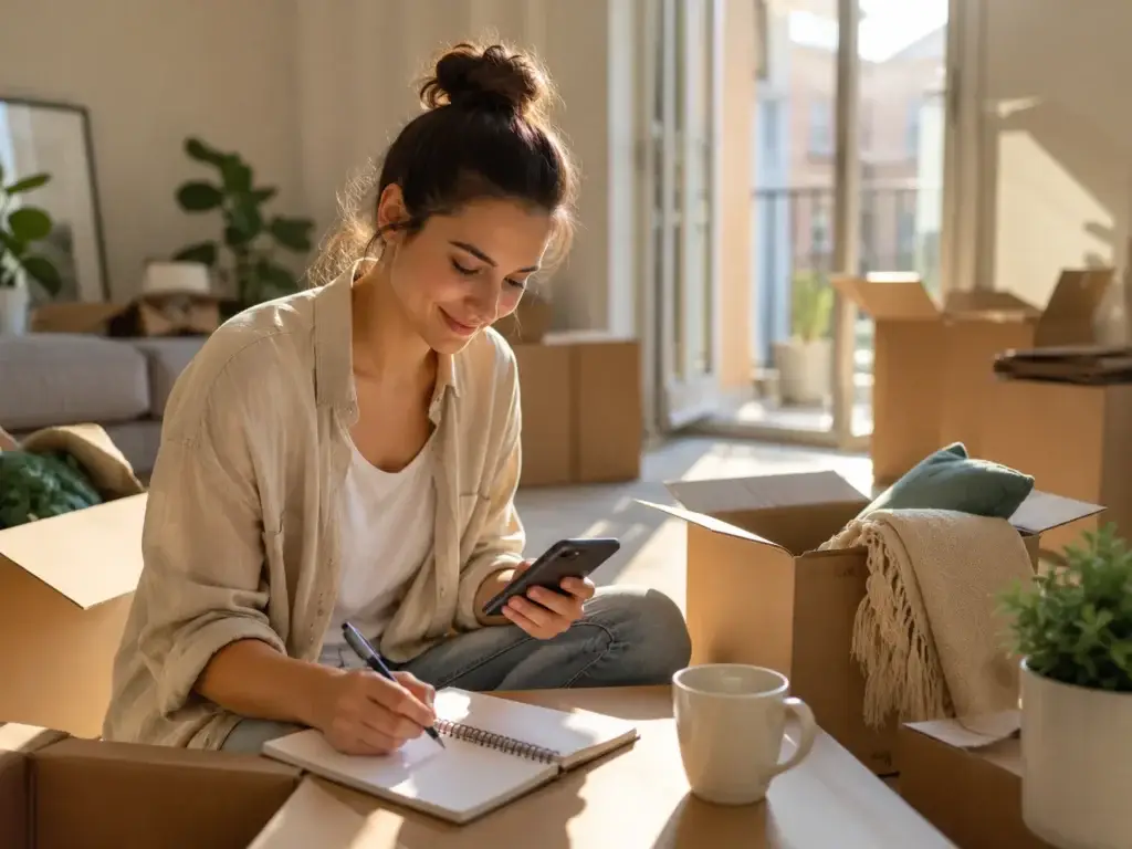 Vrouw maakt aantekeningen en bekijkt informatie op haar telefoon tussen verhuisdozen in een nieuwe woning